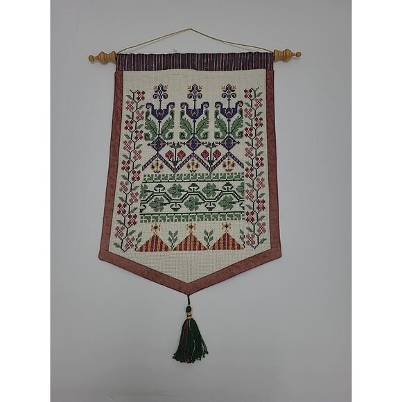 Handmade Cross-stitched Banner Wall Hanging Floral on Dowell Rod - Picture 1 of 5